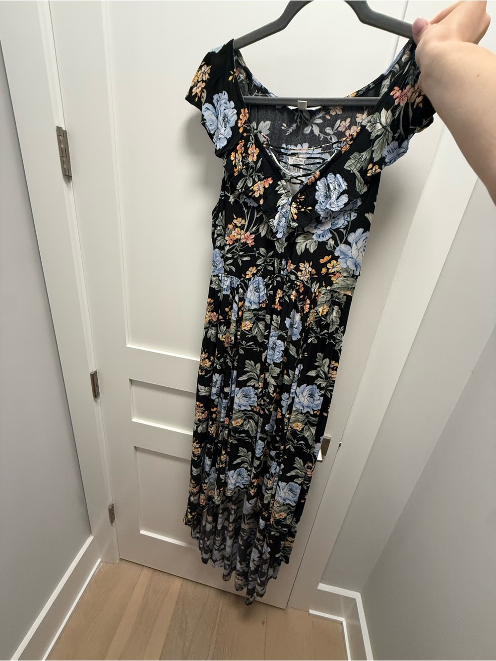 American Eagle Black Floral Maxi Dress with Blue & Peach Blooms